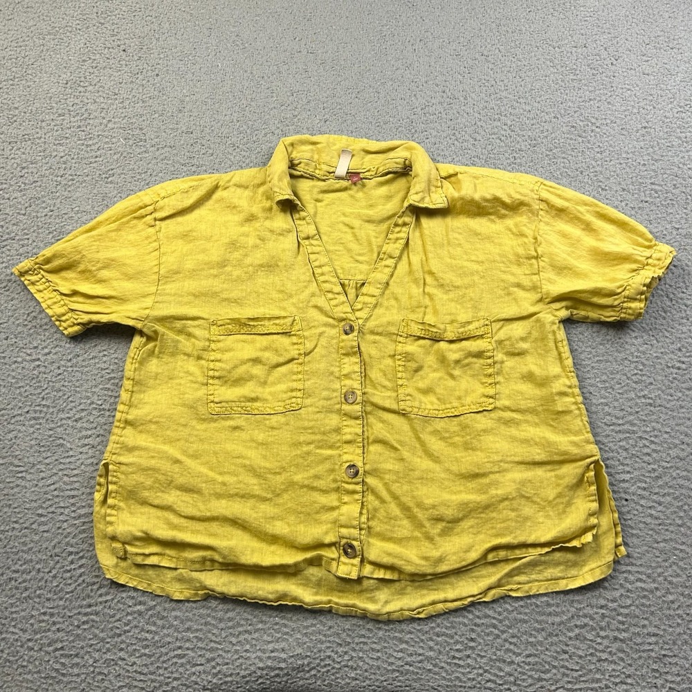 Pilcro Surf Linen Button Down Shirt Womens Small Yellow Puff Sleeve Relaxed